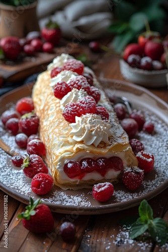 Dessert with strawberries and whipped cream on top. The dessert is on a plate and is surrounded by strawberries photo