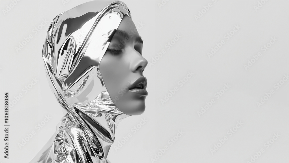 Fototapeta premium Elegantes silbernes Outfit eines hübschen Models in futuristischem Design. Aufsehenerregende Metallic-Optik Sci-Fi-Themen, Luxus-Mode und Zukunftsvisionen