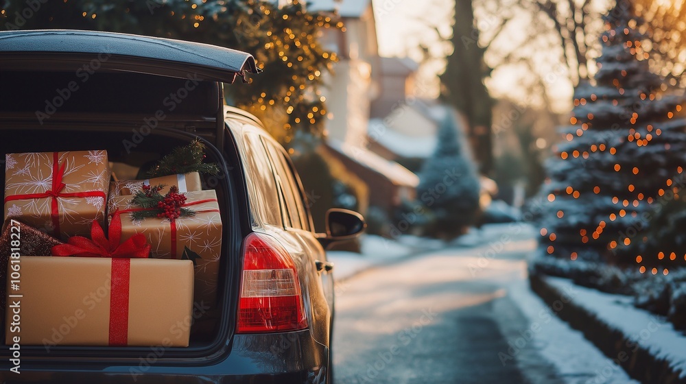 Obraz premium An open car trunk filled with wrapped Christmas presents, parked in front of a cozy house in welcoming suburban neighbourhood, a decorated new year snow street. holiday gift-giving winter celebration