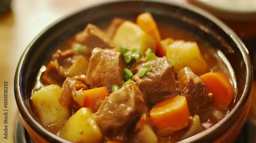 A delicious bowl of hearty stew made with meat, potatoes, and carrots A delicious bowl of hearty stew made with meat, potatoes, and carrots