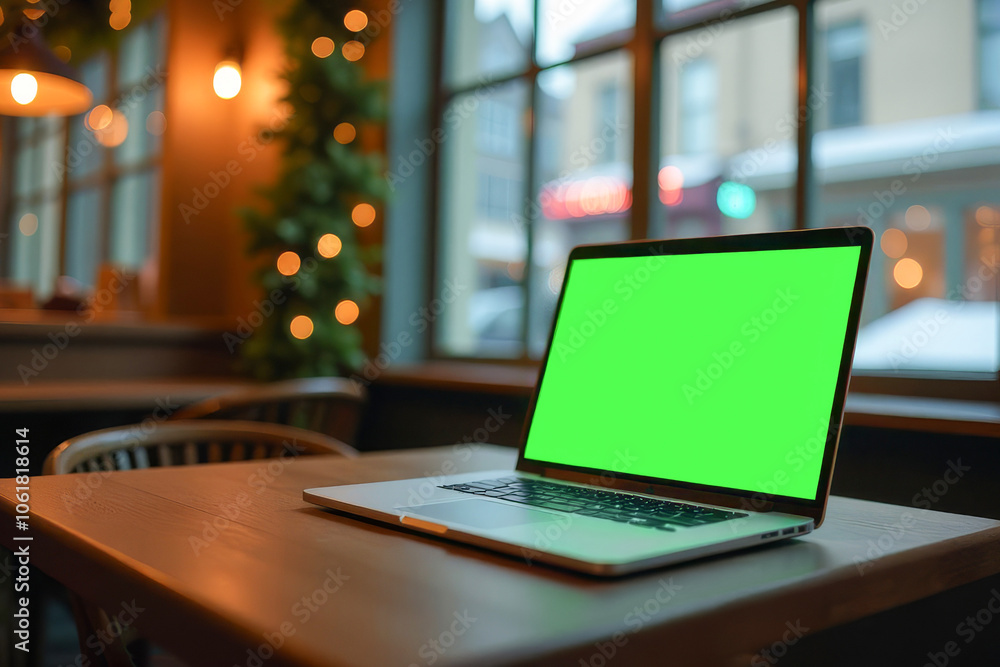 A laptop with a green chroma key screen stands on a table in a cafe, restaurant with large windows. the restaurant is decorated for Christmas and New Year. A laptop with a green chroma key screen stands on a table in a cafe, restaurant with large windows. the restaurant is decorated for Christmas and New Year.