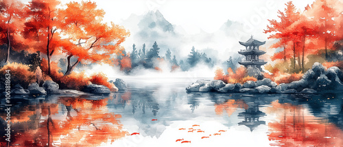 Wallpaper Mural Jardin japonais en automne avec carpe koï en aquarelle pour écran panoramique Torontodigital.ca