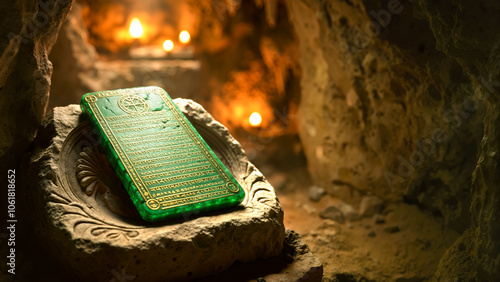 Emerald Tablet of Thoth / Hermes Trismegistus with mysterious inscriptions in mystical cave setting. Golden candlelight illuminates sacred Hermetic text. Esoteric artifact on carved stone pedestal. photo