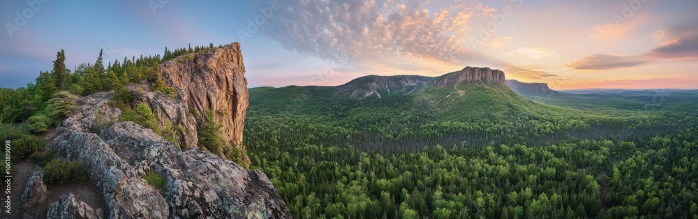 Breathtaking view of the Sleeping Giant during a vibrant sunset over lush forests in the Canadian wilderness Breathtaking view of the Sleeping Giant during a vibrant sunset over lush forests in the Canadian wilderness