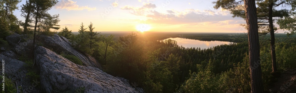 A breathtaking sunset panorama over the Northwoods region with glimmering lakes and dense forests during late afternoon hours A breathtaking sunset panorama over the Northwoods region with glimmering lakes and dense forests during late afternoon hours