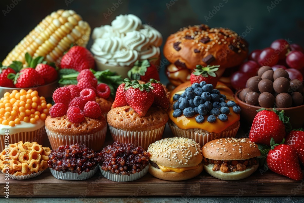 A Table Spread of Sweet and Savory Treats, Featuring Cupcakes, Burgers, and Fresh Fruit A Table Spread of Sweet and Savory Treats, Featuring Cupcakes, Burgers, and Fresh Fruit