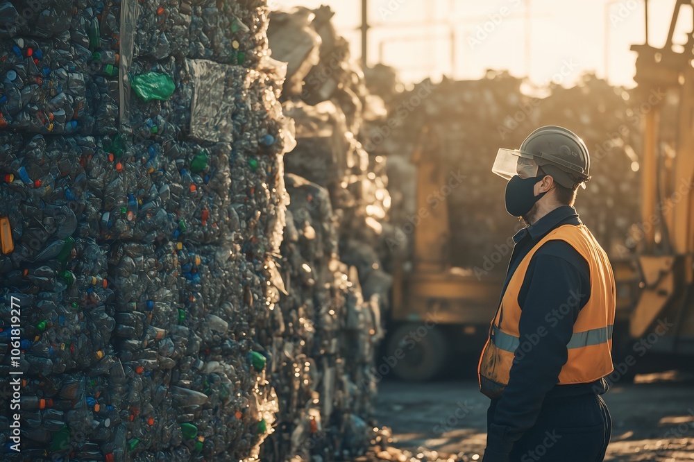 Worker Observing Plastic Waste for Recycling Process Worker Observing Plastic Waste for Recycling Process