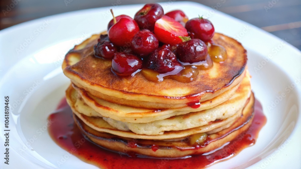 A stack of golden brown pancakes topped with fresh cherries and a generous drizzle of red berry sauce, served on a white plate. A stack of golden brown pancakes topped with fresh cherries and a generous drizzle of red berry sauce, served on a white plate.
