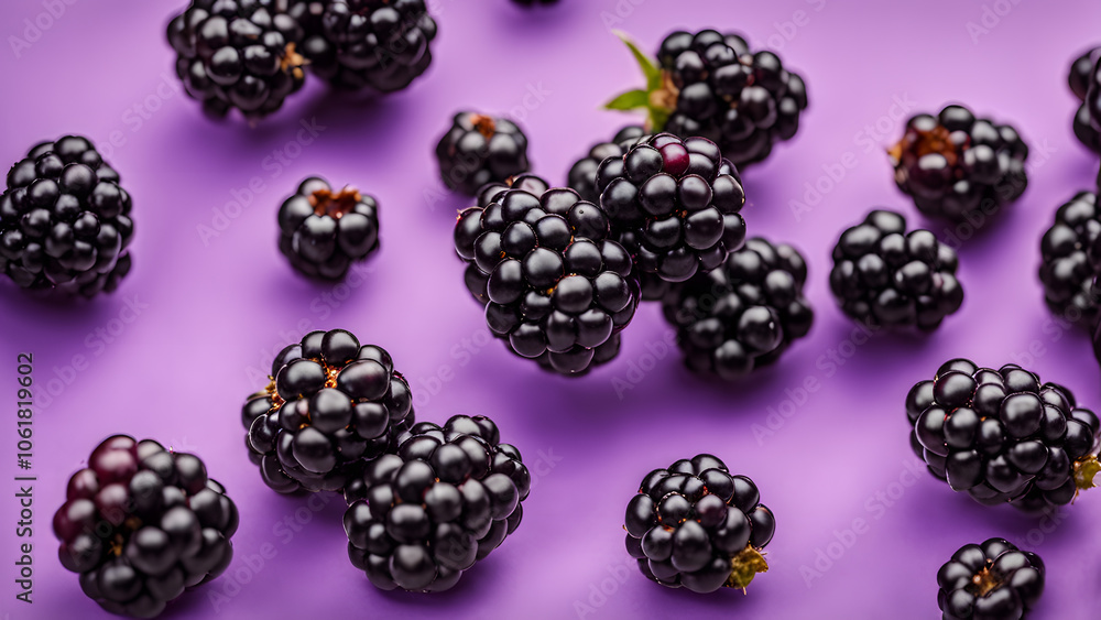 A bunch of black berries are scattered across a purple background A bunch of black berries are scattered across a purple background