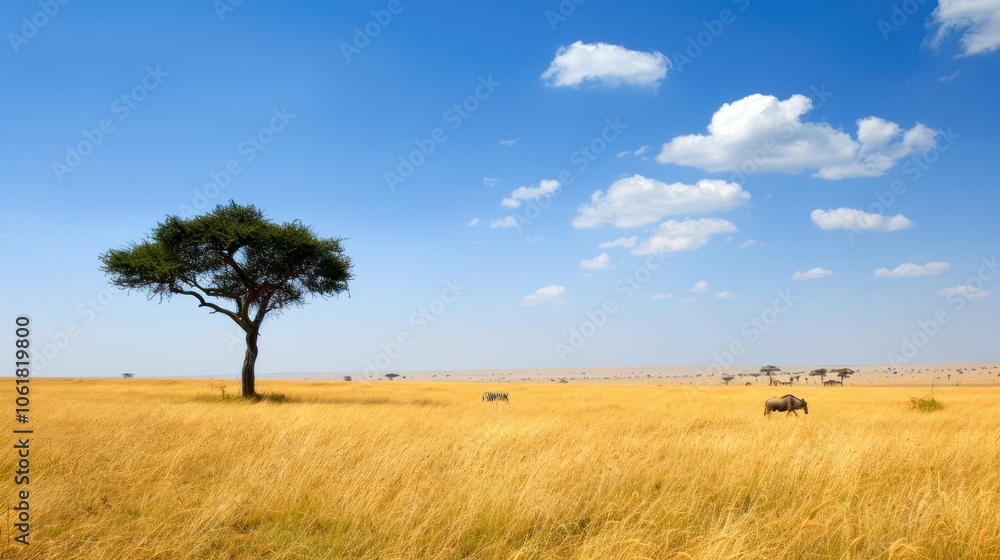 A solitary tree stands in a vast, golden grassland under a bright blue sky, showcasing the beauty of nature and tranquility. A solitary tree stands in a vast, golden grassland under a bright blue sky, showcasing the beauty of nature and tranquility.