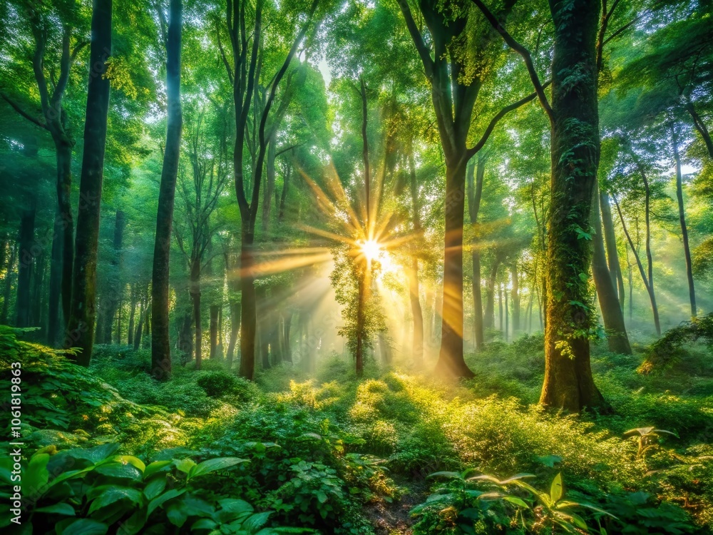 Fototapeta premium Sunlight Streaming Through Forest Trees - Nature Inspired Fatigue-Free Video Conference Wallpaper for Urban Exploration Photography
