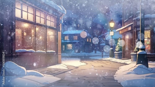 snow in front of the shop in the night, 4k loop animated background