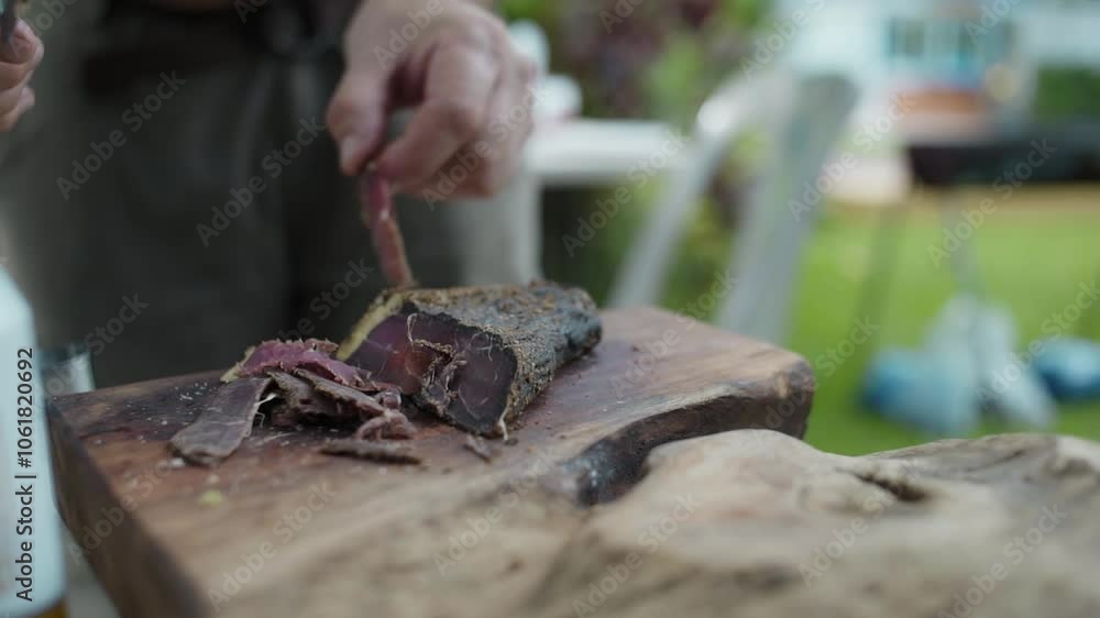 close up of chef's hands slicing a cooked brisket on wooden tray at the park
close up of chef's hands slicing a cooked brisket on wooden tray at the park