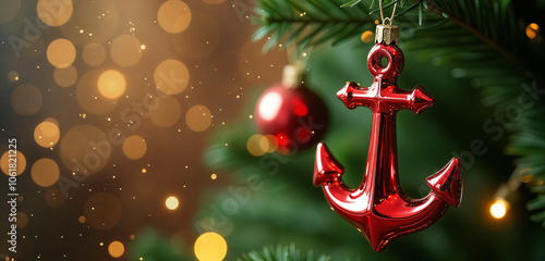 Fototapeta Naklejka Na Ścianę i Meble -  A Christmas glass decoration in the shape of a red sea anchor hangs on a branch of a fir tree on a festive background. Banner, copy space