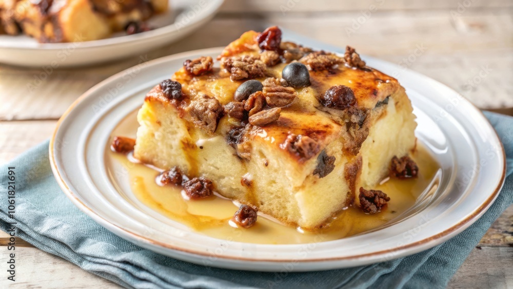 A slice of bread pudding with pecan nuts, cranberries, and raisins served on a white plate with a drizzling of caramel sauce. A slice of bread pudding with pecan nuts, cranberries, and raisins served on a white plate with a drizzling of caramel sauce.