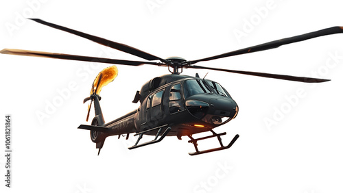 A captivating scene showing a helicopter engulfed in flames and explosions, Isolated On Transparent Background, PNG File 