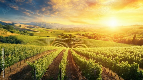 A beautiful California vineyard at sunset showcasing rows of ripe grapes under a colorful sky