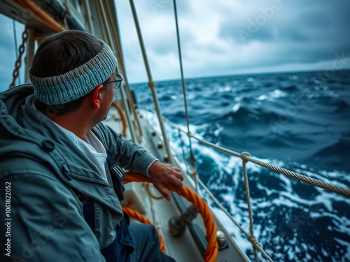 A man in a hat and glasses is sitting on a boat looking out at the ocean. The water is choppy and the sky is cloudy. The man seems to be enjoying the view and the feeling of being out on the water