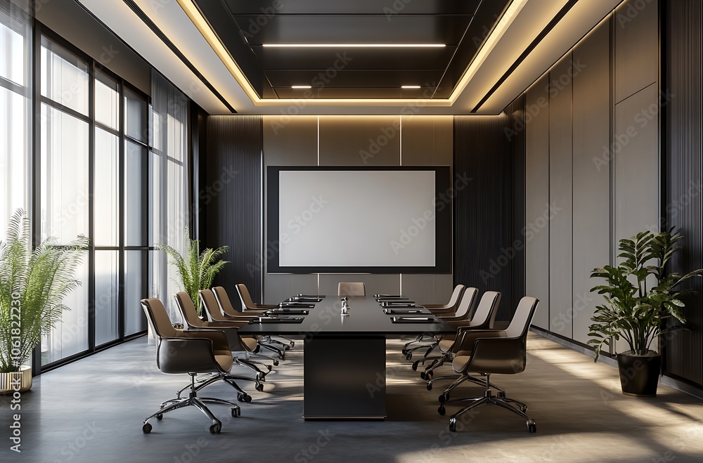 Fototapeta premium Modern Boardroom with Long Table and Leather Chairs