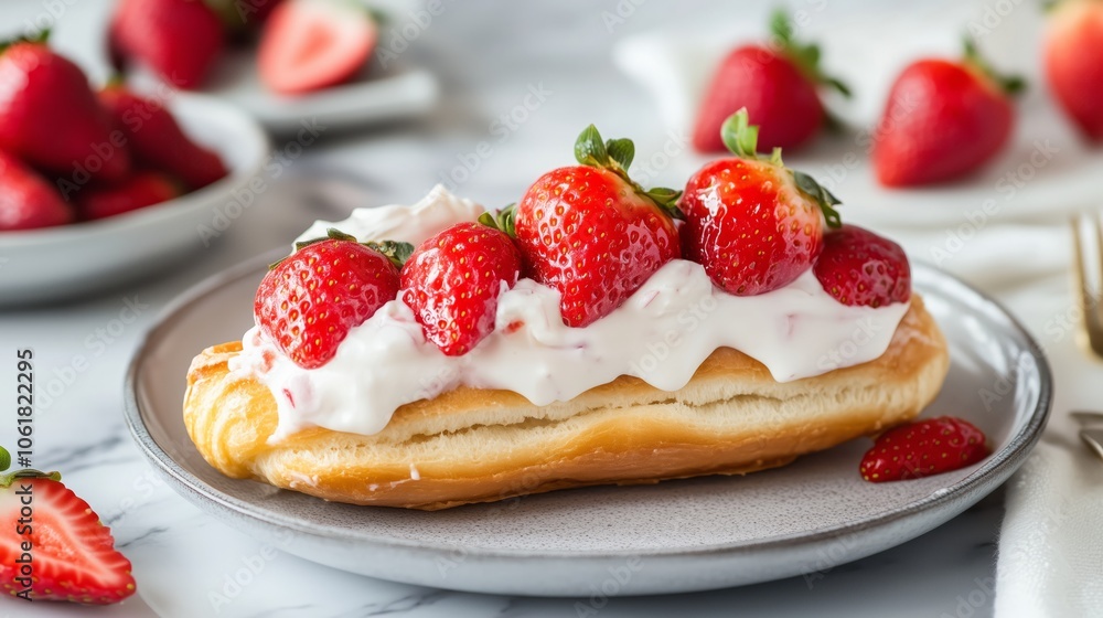 A pastry topped with fresh strawberries and whipped cream served elegantly A pastry topped with fresh strawberries and whipped cream served elegantly