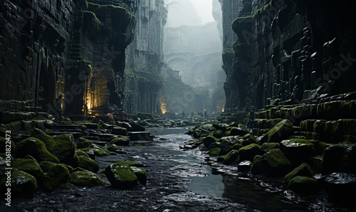 Dark Alley With Mossy Rocks photo