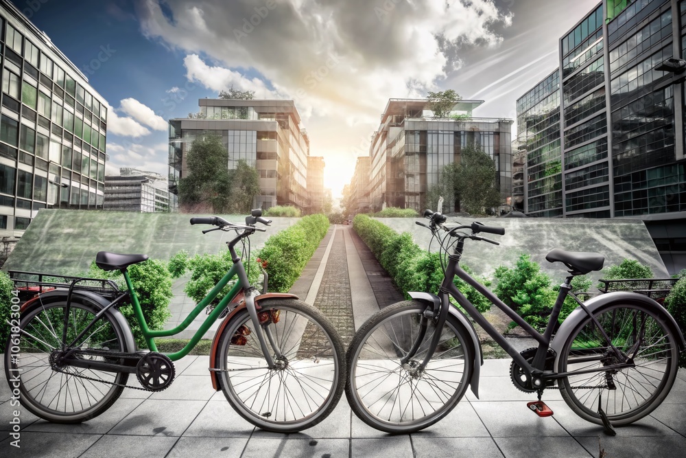 Fototapeta premium Sustainable City Living: Double Exposure of Bicycles and Urban Nature for Eco-Friendly Concepts