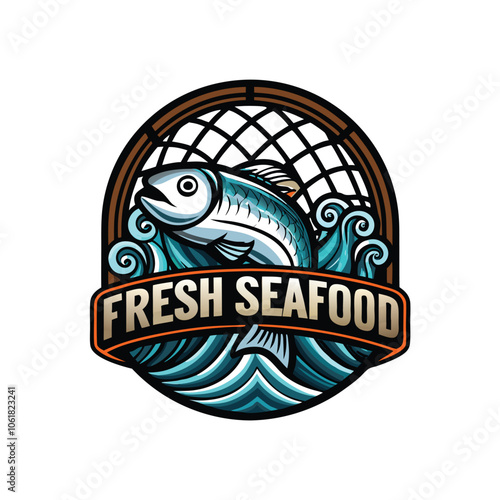 Design a captivating seafood logo featuring a stylized fish caught in a net, with ocean waves crashing behind.