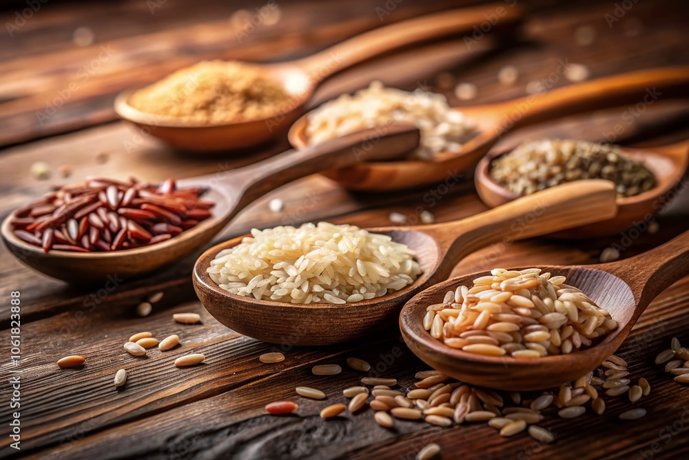 Tilt-Shift Photography of Spoons with Brown Rice on a Wooden Base - Flat Lay Composition for Culinary Inspiration Tilt-Shift Photography of Spoons with Brown Rice on a Wooden Base - Flat Lay Composition for Culinary Inspiration