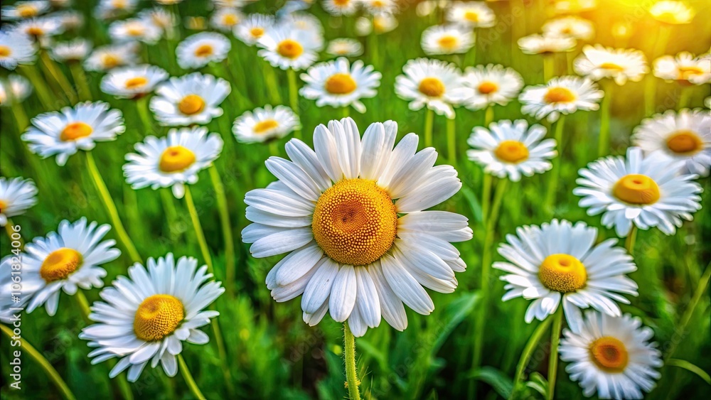 Fototapeta premium Aerial View of a Vibrant Field of Smiling Daisies Surrounded by Lush Green Grass, Nature's Beauty and Floral Splendor in Full Bloom, Ideal for Nature Lovers and Floral Enthusiasts