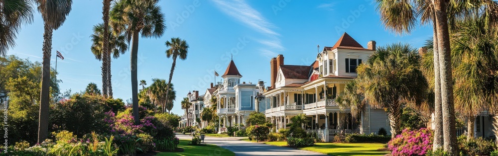 A tranquil morning at the Jekyll Island Club with picturesque historic homes and tropical landscaping A tranquil morning at the Jekyll Island Club with picturesque historic homes and tropical landscaping