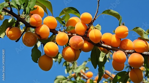 A tree full of ripe, golden apricots against a clear blue sky