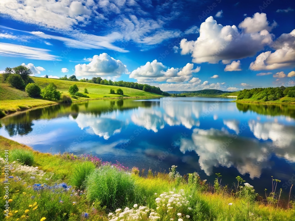 Tranquil Landscape with Peaceful Blue Sky and Fluffy Clouds, Perfect for Nature Lovers and Serenity Seekers Tranquil Landscape with Peaceful Blue Sky and Fluffy Clouds, Perfect for Nature Lovers and Serenity Seekers