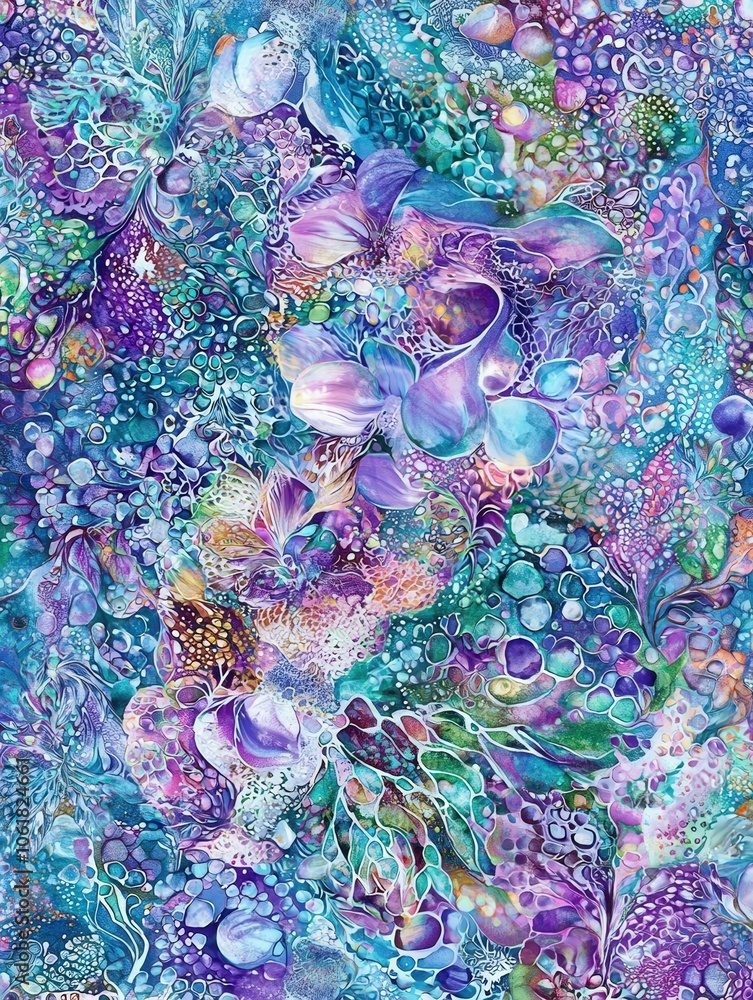 Naklejka premium A vibrant and colorful abstract design featuring swirling patterns and textures in shades of blue, purple, and green, ideal for creative projects.