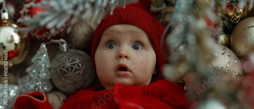 A wide-eyed baby in a red outfit lies amid festive ornaments, capturing wonder and the magic of the holiday season.