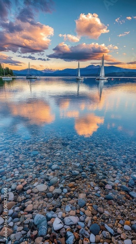 A tranquil afternoon at Flathead Lake with sailboats gliding on calm waters reflecting colorful clouds photo