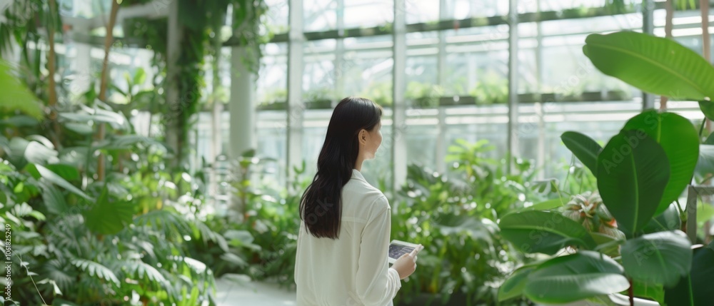 A woman, engrossed in thought, explores a sun-drenched botanical garden, enveloped by lush, diverse greenery and gentle beams of light. A woman, engrossed in thought, explores a sun-drenched botanical garden, enveloped by lush, diverse greenery and gentle beams of light.