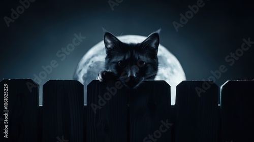 A mysterious black cat peeks over a fence with a large, glowing moon in the background, creating an enchanting, nighttime atmosphere.