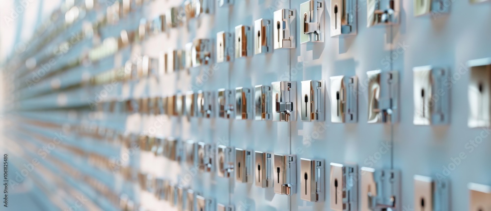 A wall of modern locks and keyholes shines under soft light, evoking futuristic security and sleek design. A wall of modern locks and keyholes shines under soft light, evoking futuristic security and sleek design.