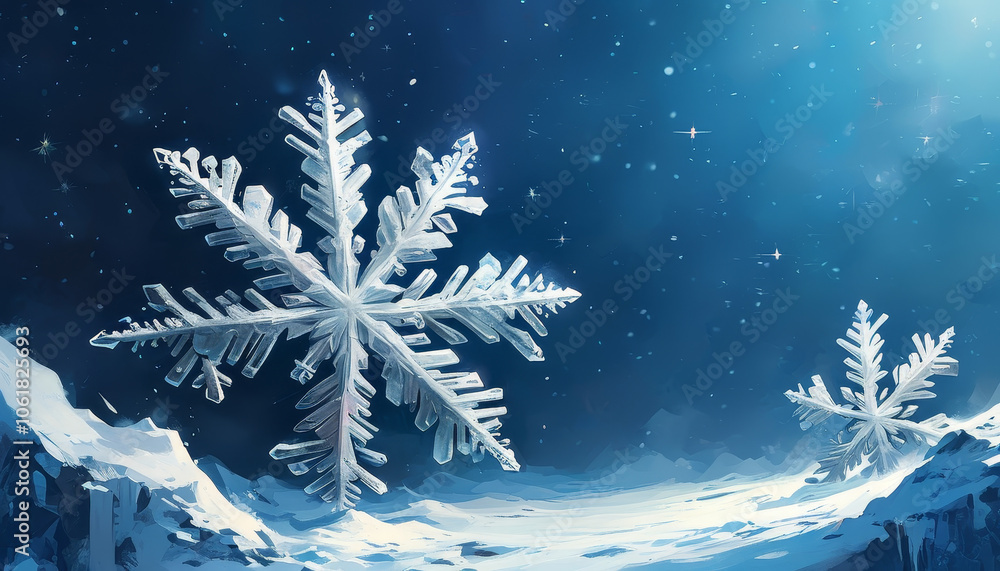 illustration of a giant frozen snowflakes placed on blue background, winter wonderland, christmas spirit, xmas, cold, frosty illustration of a giant frozen snowflakes placed on blue background, winter wonderland, christmas spirit, xmas, cold, frosty