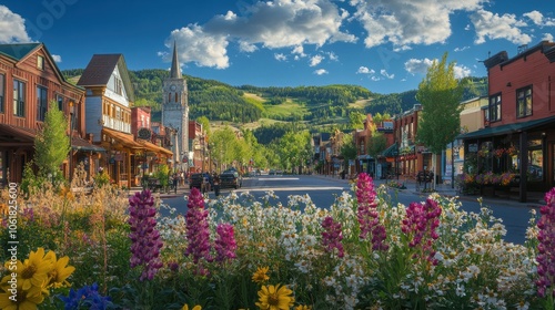 A charming spring morning in Park featuring vibrant flowers and historic buildings under a clear blue sky photo