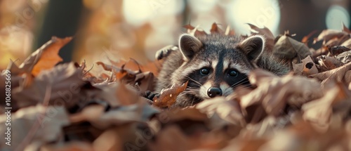 A raccoon peeks through a pile of autumn leaves, its bright eyes alert and curious in the morning light.