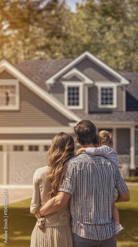 Young family celebrating their new suburban home in the backyard on a sunny summer day, radiating joy and success