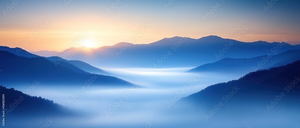 Majestic mountains with mist at sunrise, creating a serene atmosphere. Majestic mountains with mist at sunrise, creating a serene atmosphere.