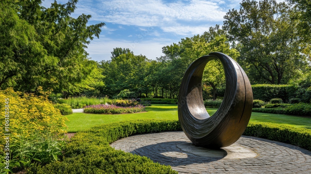 Fototapeta premium A tranquil garden featuring a stunning sculpture and lush greenery during a bright, sunny day