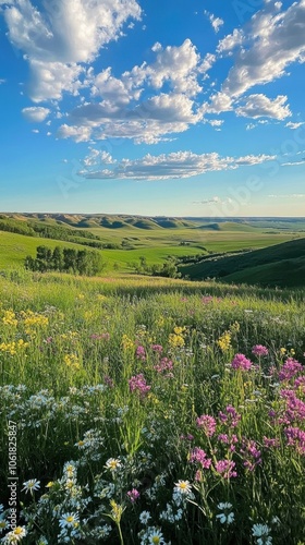 A vibrant spring day in the Red River Valley showcasing rolling hills, wildflowers, and a beautiful blue sky filled with clouds photo