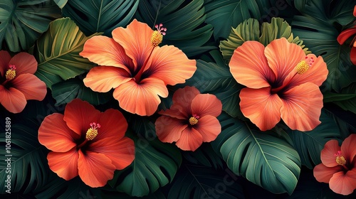 Tropical Hibiscus Flowers on Lush Green Leaves