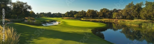 A serene, green golf course landscape with a calm river, surrounded by trees and natural light, perfect for relaxation and recreation.