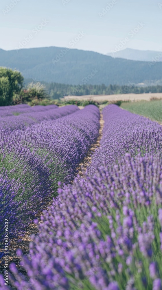 Fototapeta premium A vibrant lavender field in full bloom under the clear blue sky during the summer season near picturesque mountains