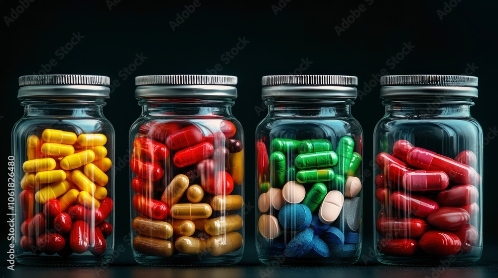 Four Glass Jars Filled with Colorful Pills on a Dark Background Four Glass Jars Filled with Colorful Pills on a Dark Background