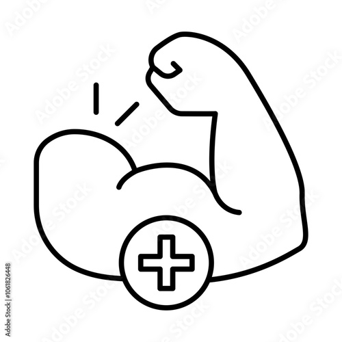 Muscle Strength Icon – Flexed Arm with Plus Sign Indicating Physical Strength and Endurance